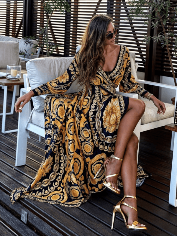 Women's Cocktail Boho Print V Neck Maxi Dress with Slit