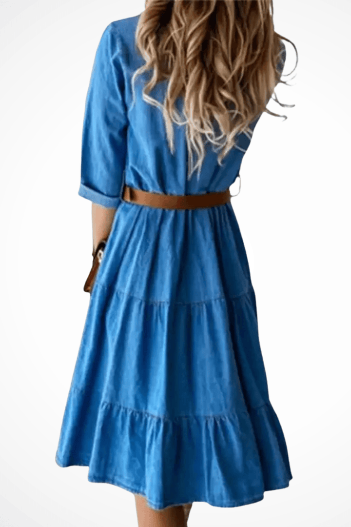 Denim Tiered Midi Shirt Dress with Belt – Casual Everyday