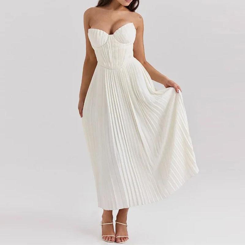 Women's Strapless Flowy Pleated Midi Dress - Sweetheart Corset Bodice