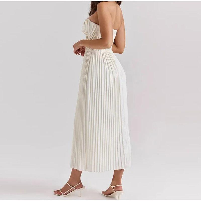Women's Strapless Flowy Pleated Midi Dress - Sweetheart Corset Bodice