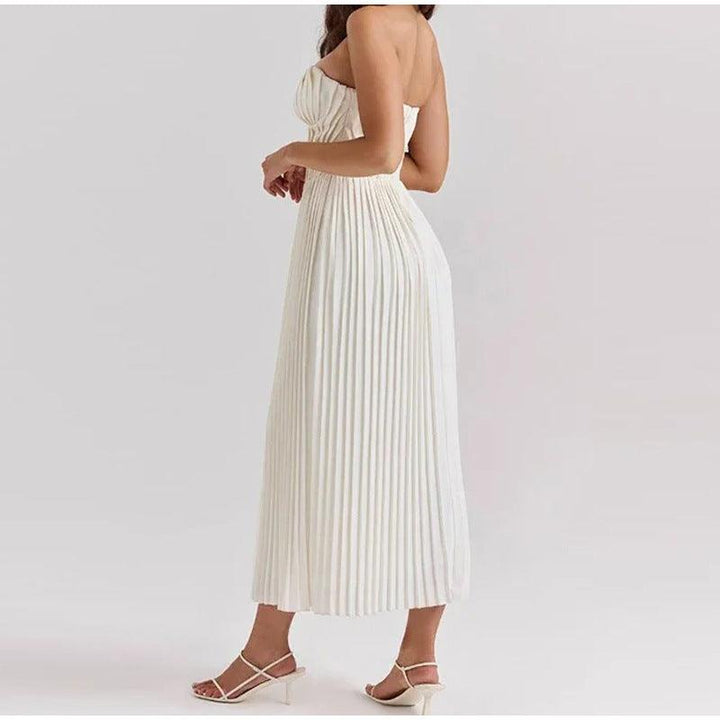 Women's Strapless Flowy Pleated Midi Dress - Sweetheart Corset Bodice