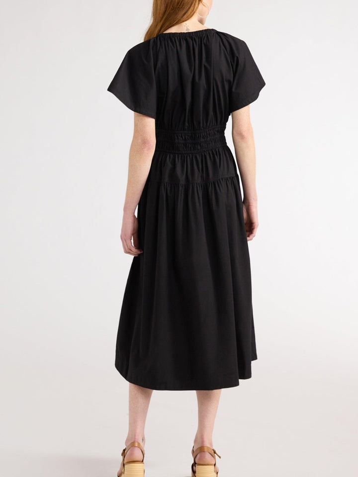 Denim Tiered Midi Dress with Pockets – Casual