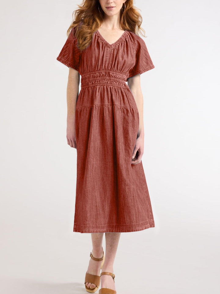 Denim Tiered Midi Dress with Pockets – Casual