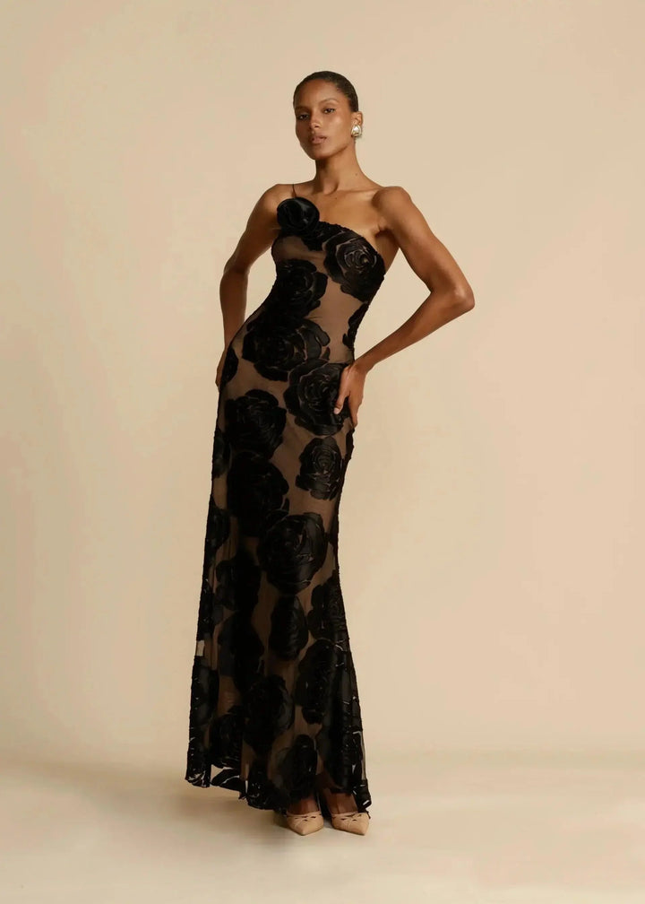 Women's Elegant One-Shoulder Maxi Dress - Floor-Length Fitted Formal Dress with Sheer Rose Detail