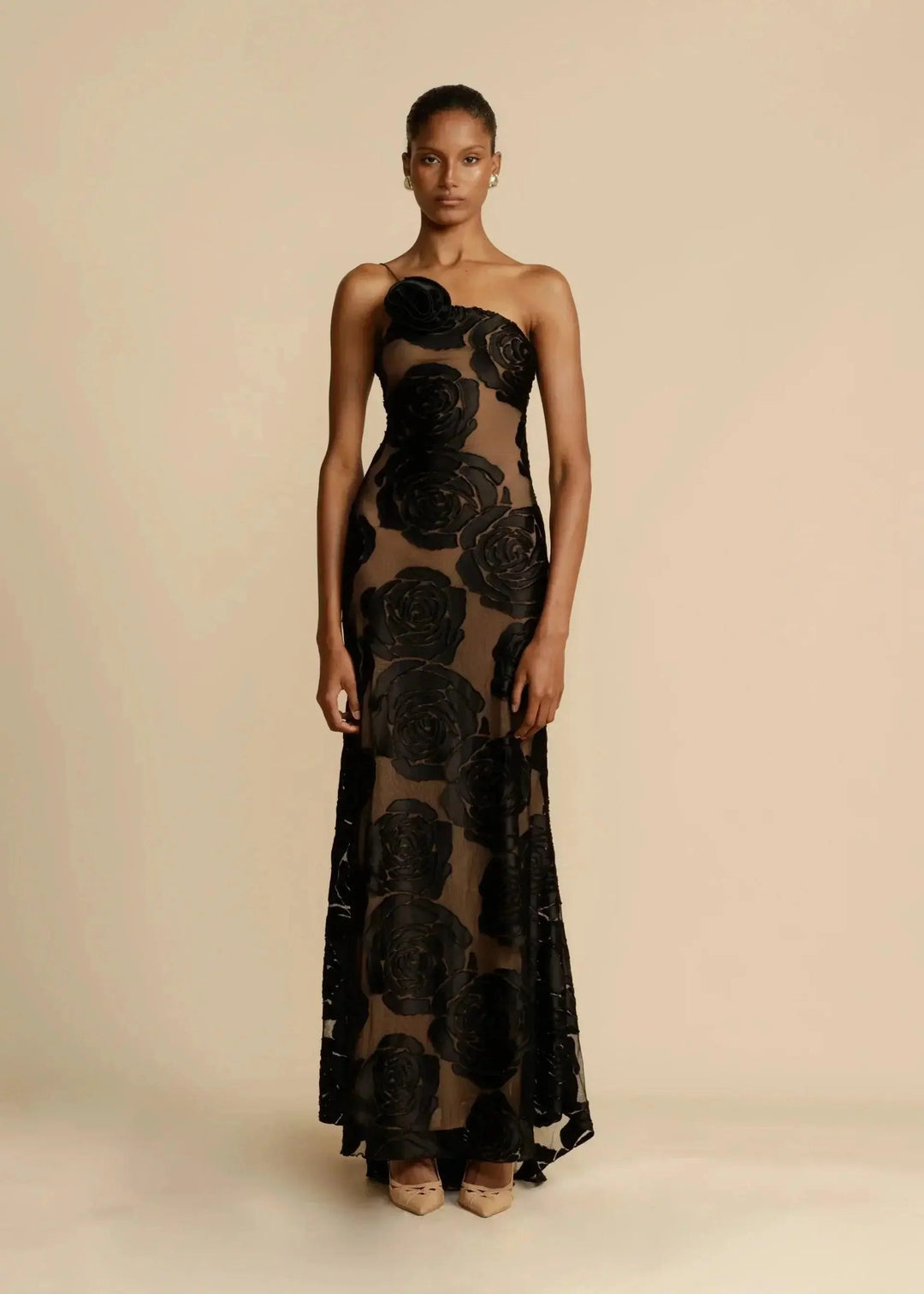 Women's Elegant One-Shoulder Maxi Dress - Floor-Length Fitted Formal Dress with Sheer Rose Detail