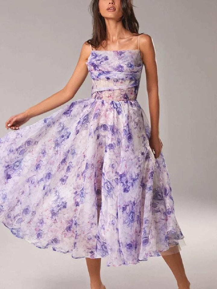 Women’s Floral Print Strapless Midi Dress with Full Skirt