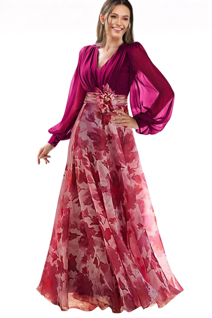 Valentina | Women V Neck Balloon Sleeve Floral Print Maxi Wedding Guest Dress