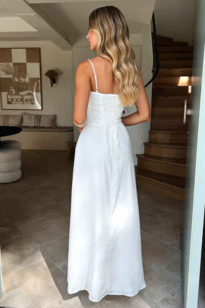 Women's Maxi Dress - Spaghetti Strap - Sweetheart Neck - Corset Bodice - Tie Front Detail