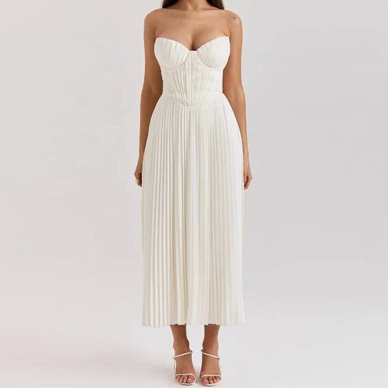 Women's Strapless Flowy Pleated Midi Dress - Sweetheart Corset Bodice