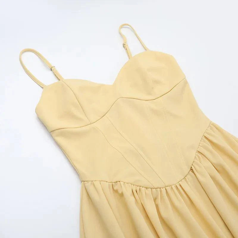 Women's Yellow A-Line Midi Dress - Structured Corset Bodice with Sweetheart Neckline and Side Pockets