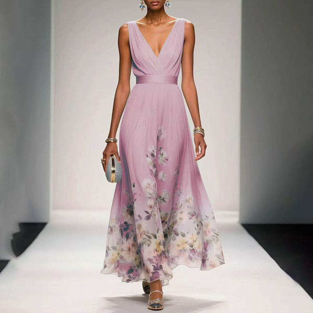 Women's Floral Border Print Sleeveless Maxi Dress - V-Neck