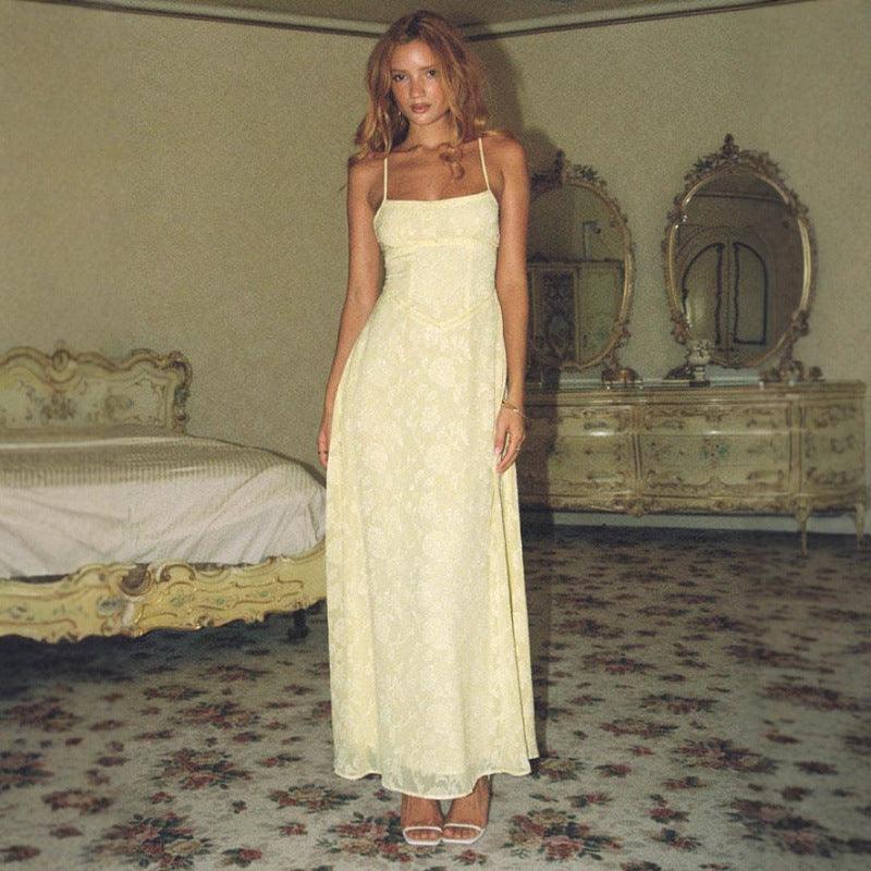 Women's Jacquard Floral Maxi Dress - Spaghetti Strap - Lace-Up Back