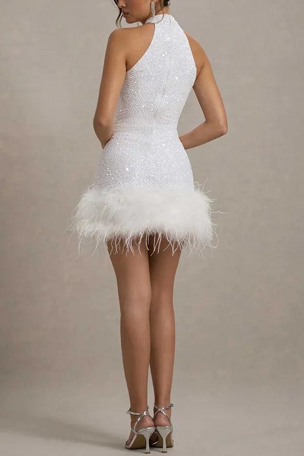 Women's Beaded Halter Mini Dress - Feather Trim Hem - Sleeveless
