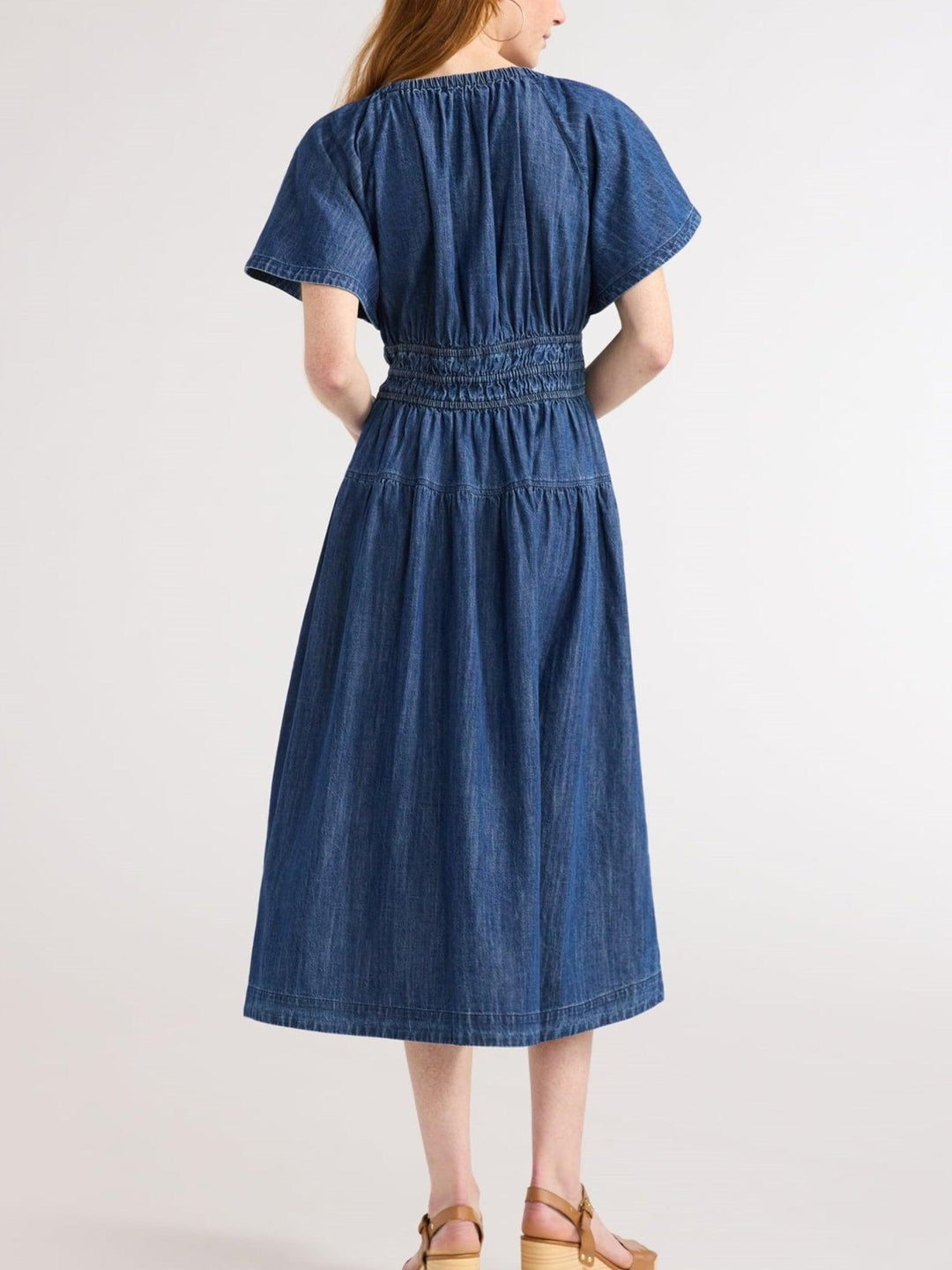 Denim Tiered Midi Dress with Pockets – Casual
