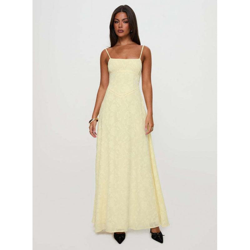 Women's Jacquard Floral Maxi Dress - Spaghetti Strap - Lace-Up Back