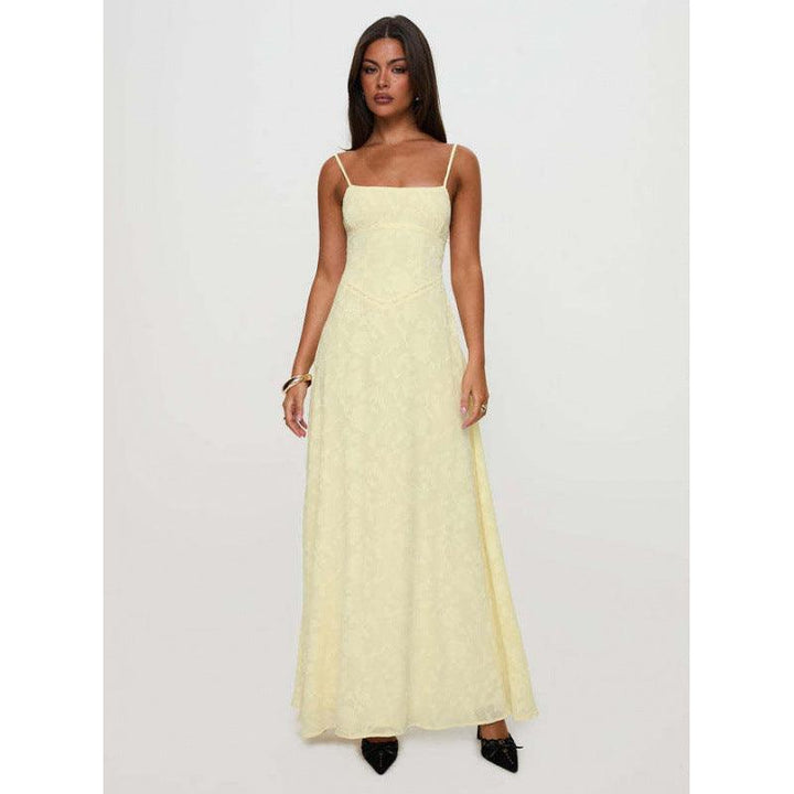 Women's Jacquard Floral Maxi Dress - Spaghetti Strap - Lace-Up Back