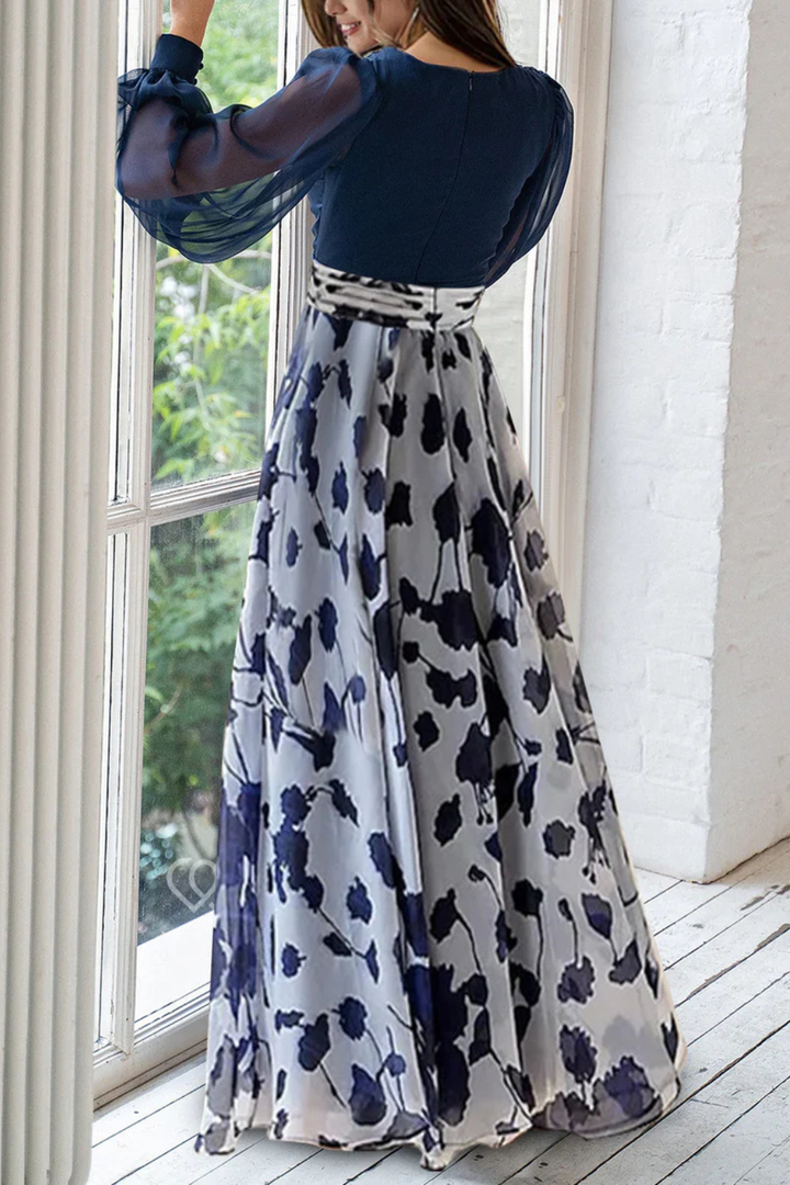 Valentina | Women V Neck Balloon Sleeve Floral Print Maxi Wedding Guest Dress