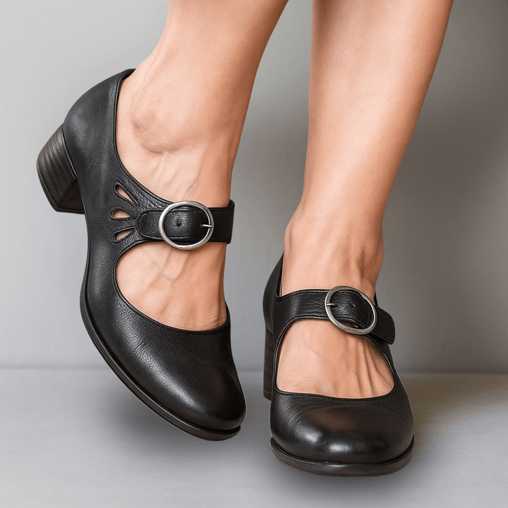 Women’s Black Mary Jane Pumps – Buckle Strap Low Block Heel Dress Shoes for Work Casual Everyday Wear
