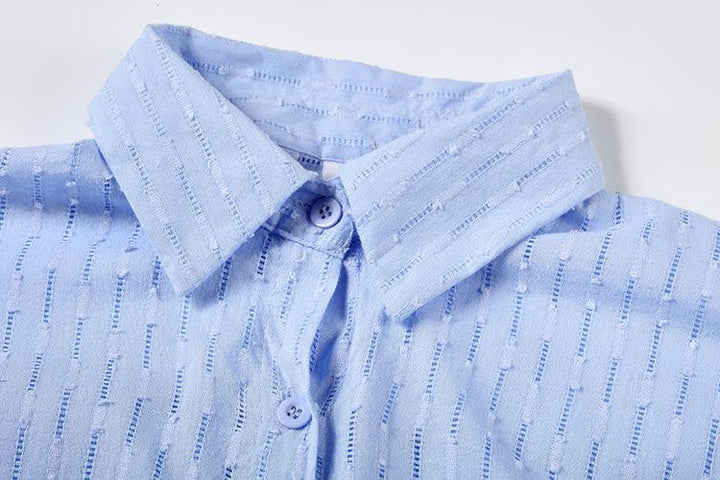 Women's Summer Set - Broderie Stripe Short Set - Oversized Long-Sleeve Shirt and Matching Shorts Casual Summer Outfit