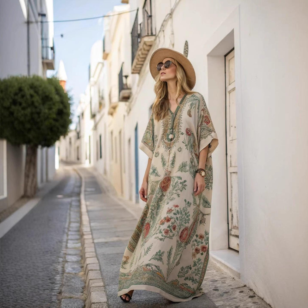 Women's Boho Maxi Dress - V-Neck Wide Sleeve Kaftan with Stripe Trim