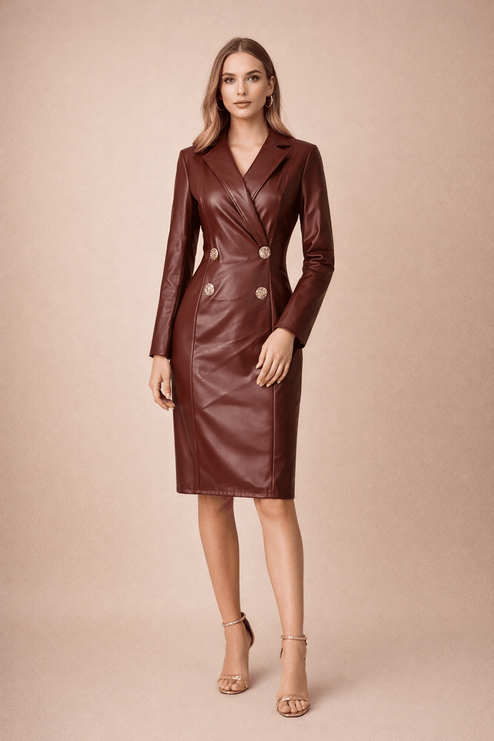 Women's Faux Leather Blazer Dress - Double-Breasted Gold-Tone Midi