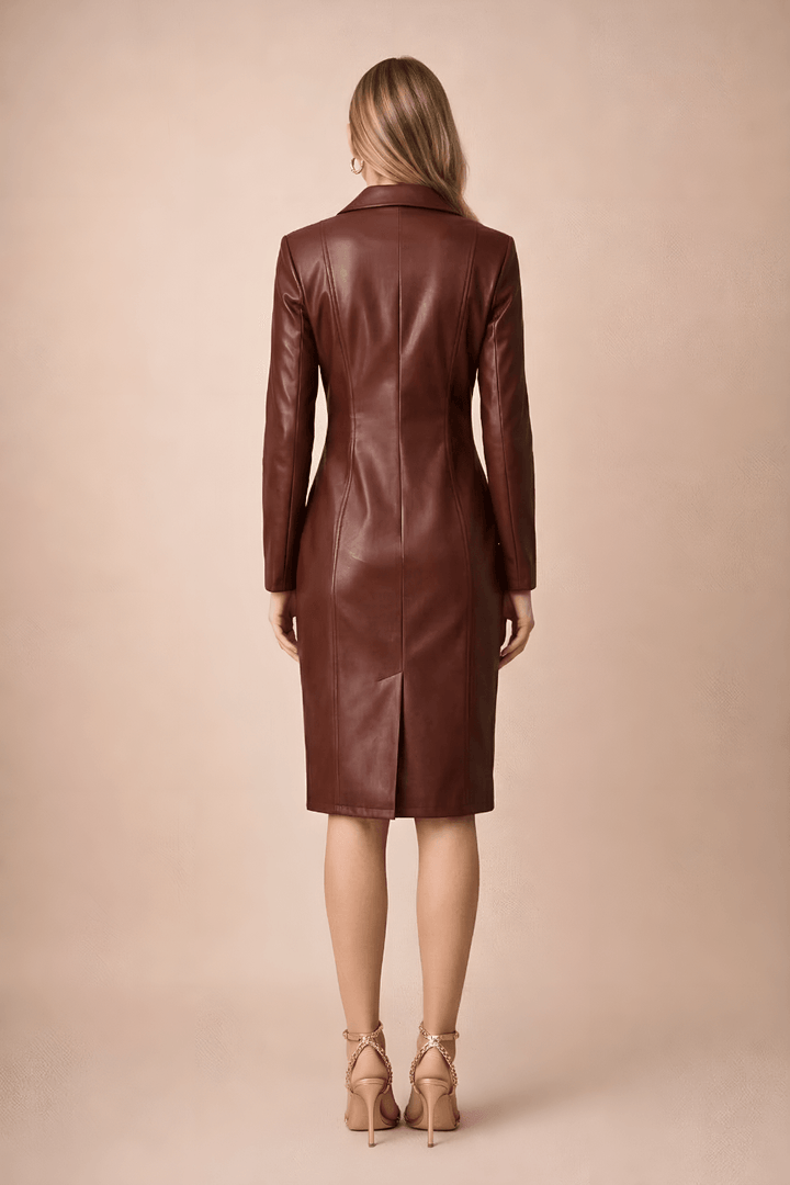 Women's Faux Leather Blazer Dress - Double-Breasted Gold-Tone Midi