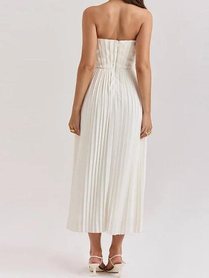 Women's Strapless Flowy Pleated Midi Dress - Sweetheart Corset Bodice