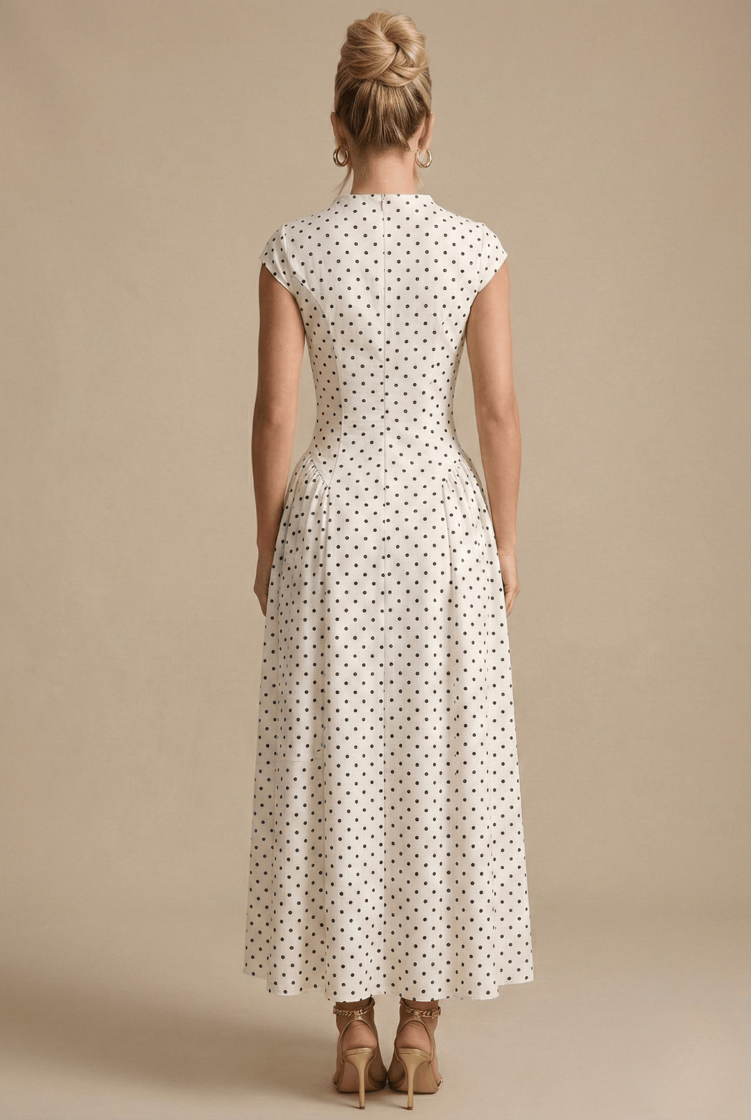 Women's Polka Dot Maxi Dress - High Neck Cap Sleeve - Full Skirt