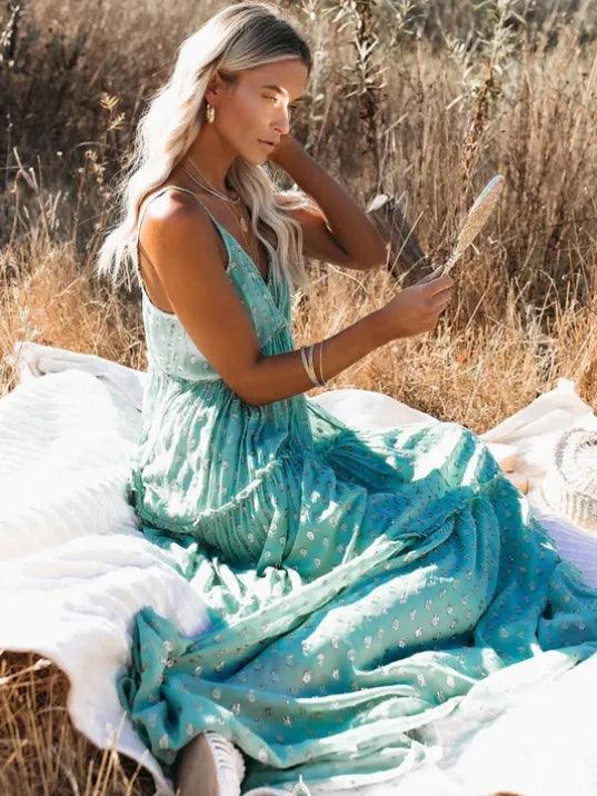 Women’s Sleeveless V-Neck Tiered Maxi Dress with Spaghetti Straps and Back Tie Detail