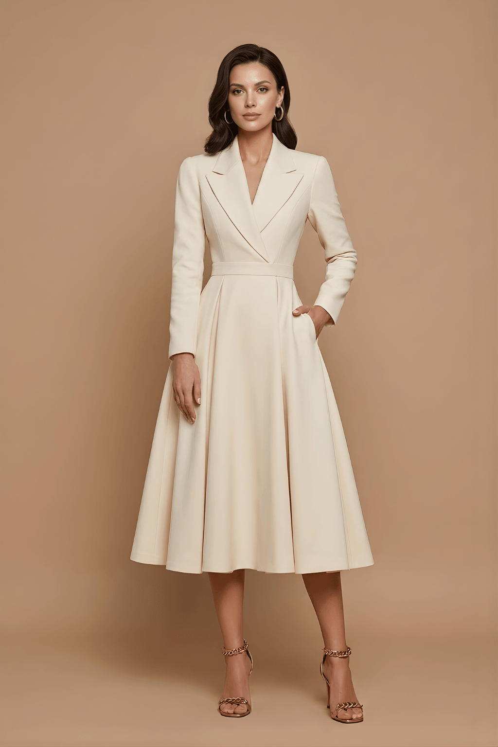 Women's A-Line Midi Dress - Notched Lapel - Pleated Full Skirt