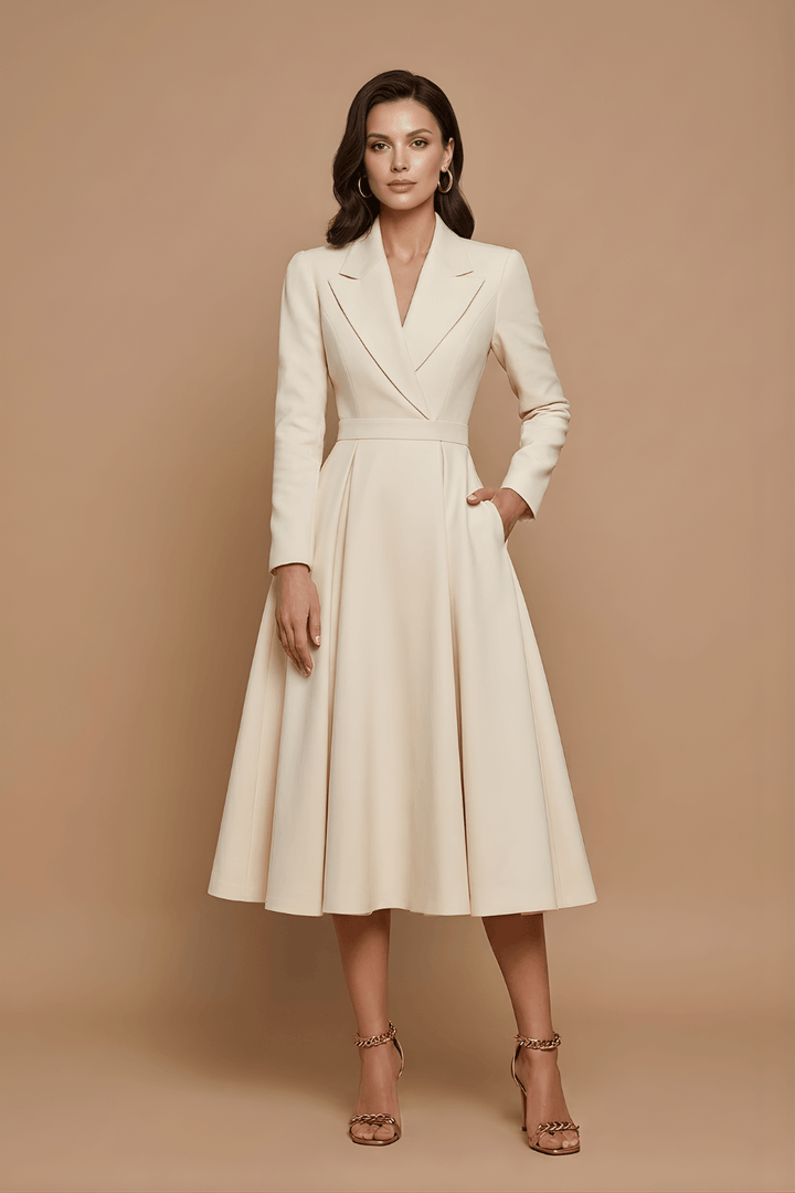 Women's A-Line Midi Dress - Notched Lapel - Pleated Full Skirt