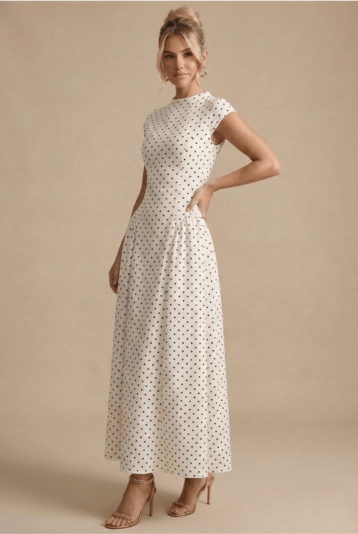 Women's Polka Dot Maxi Dress - High Neck Cap Sleeve - Full Skirt
