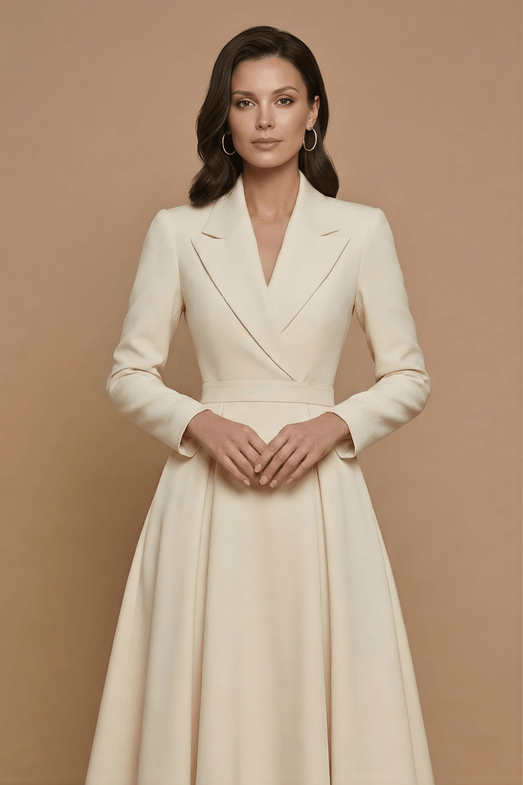 Women's A-Line Midi Dress - Notched Lapel - Pleated Full Skirt