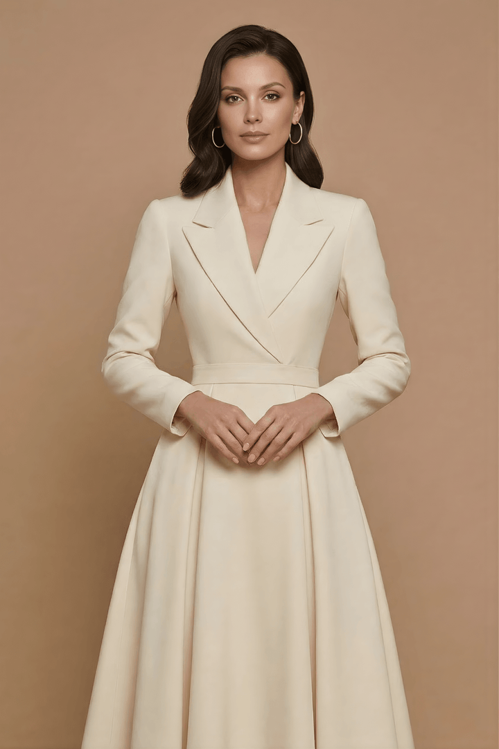 Women's A-Line Midi Dress - Notched Lapel - Pleated Full Skirt