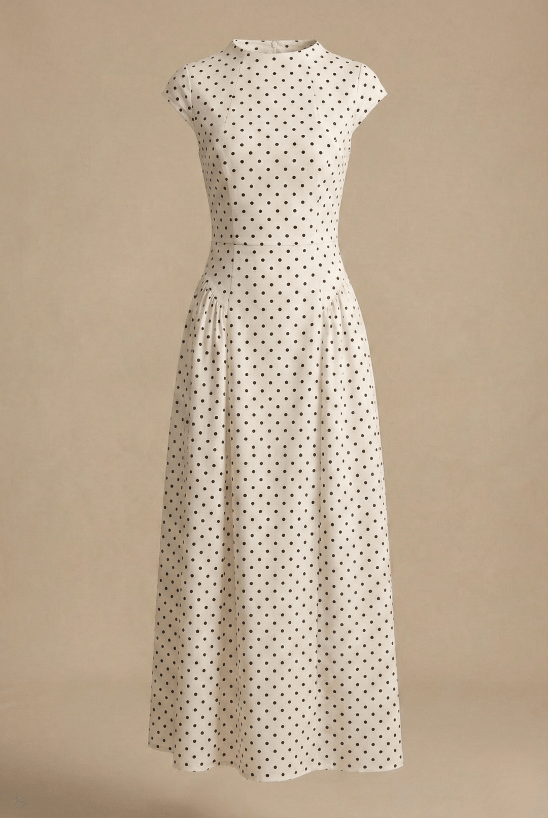Women's Polka Dot Maxi Dress - High Neck Cap Sleeve - Full Skirt