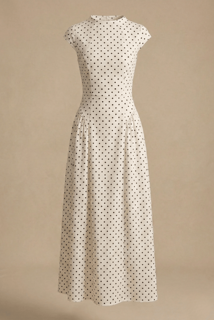 Women's Polka Dot Maxi Dress - High Neck Cap Sleeve - Full Skirt