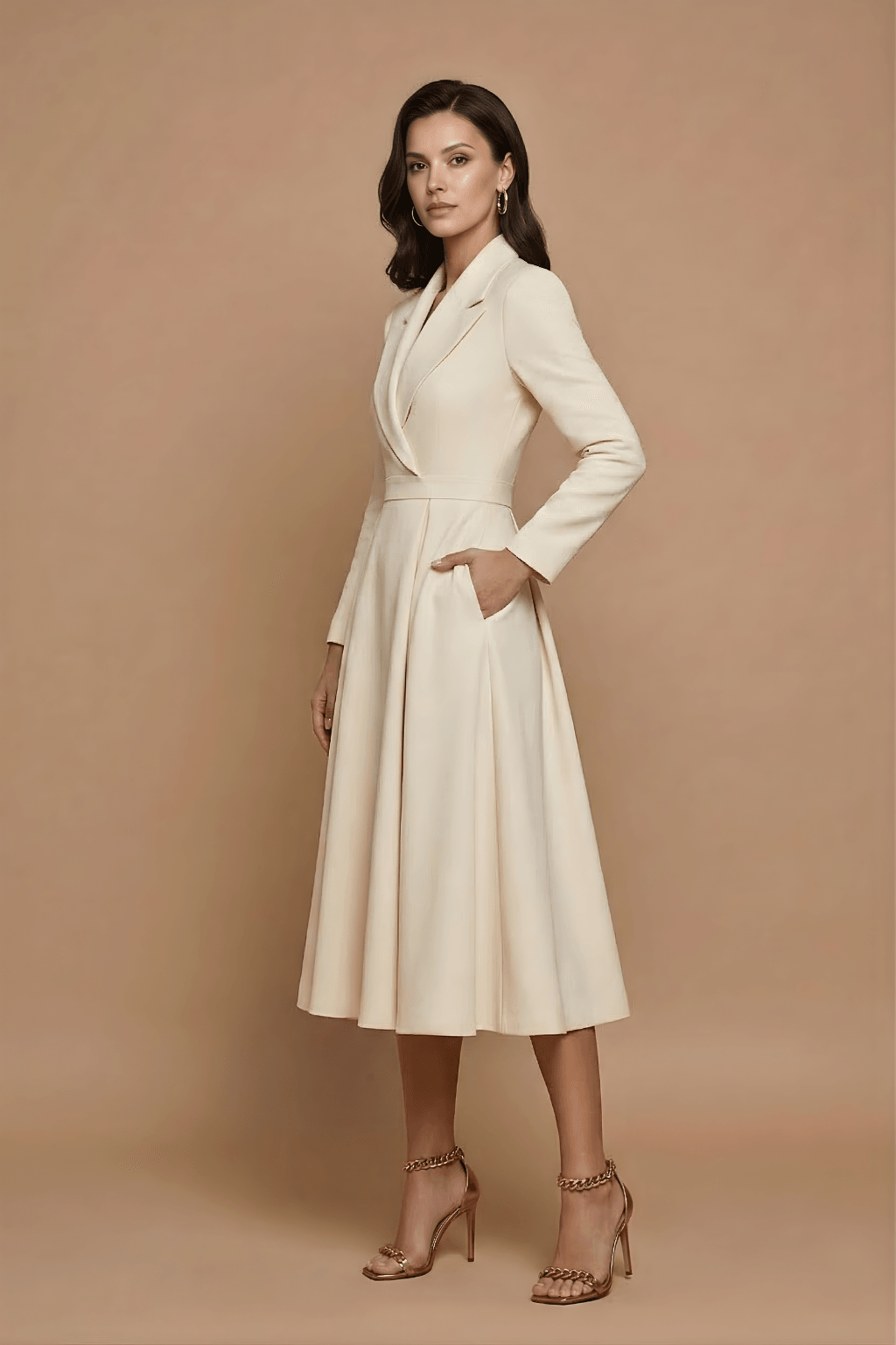 Women's A-Line Midi Dress - Notched Lapel - Pleated Full Skirt