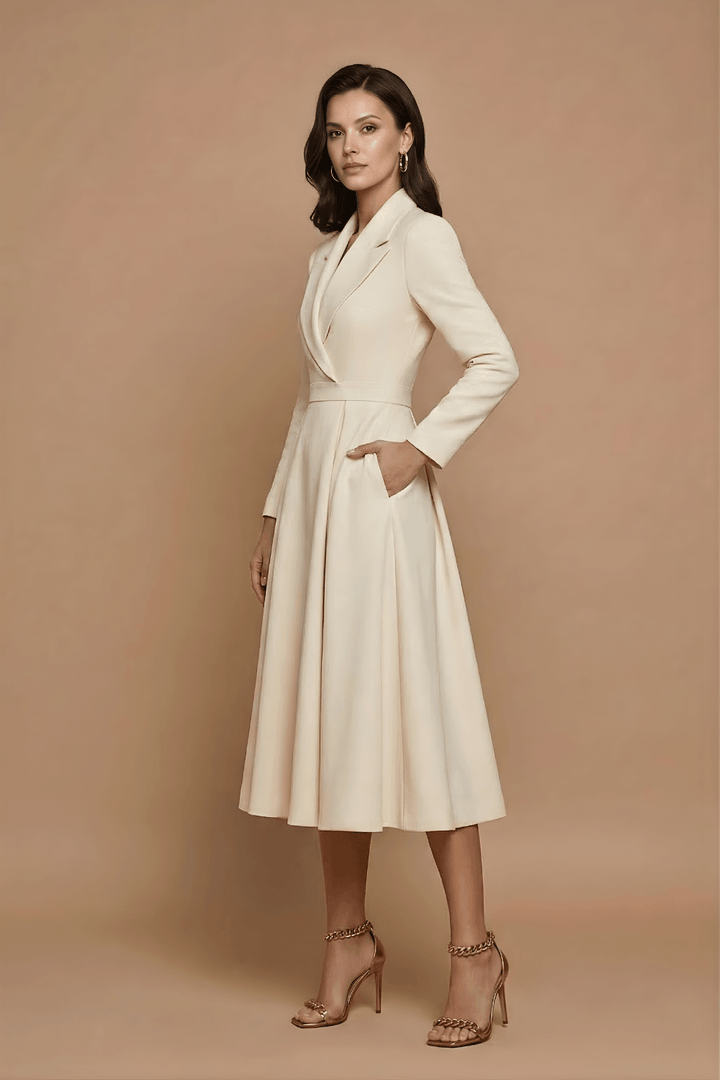 Women's A-Line Midi Dress - Notched Lapel - Pleated Full Skirt