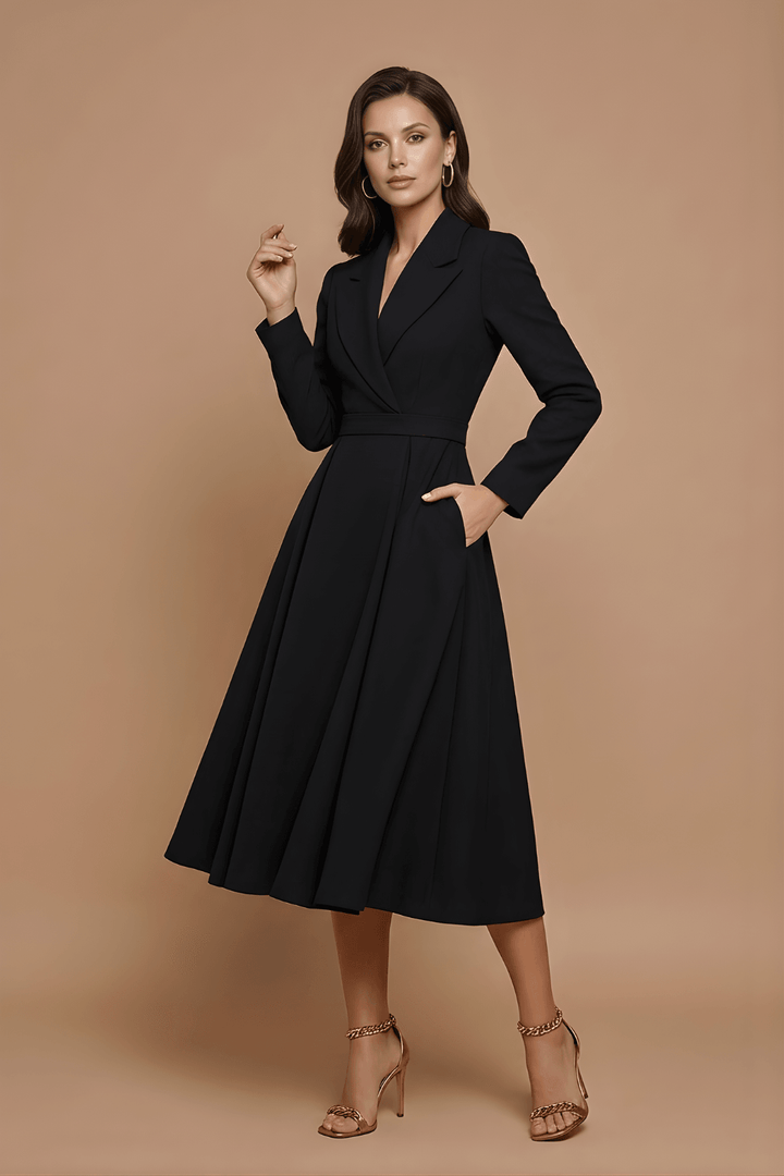 Women's A-Line Midi Dress - Notched Lapel - Pleated Full Skirt
