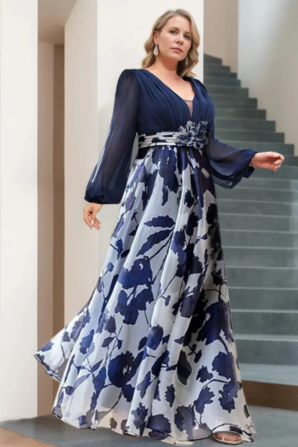 Valentina | Women V Neck Balloon Sleeve Floral Print Maxi Wedding Guest Dress