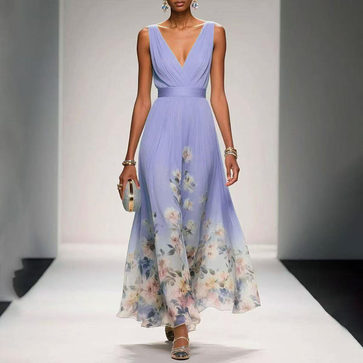 Women's Floral Border Print Sleeveless Maxi Dress - V-Neck