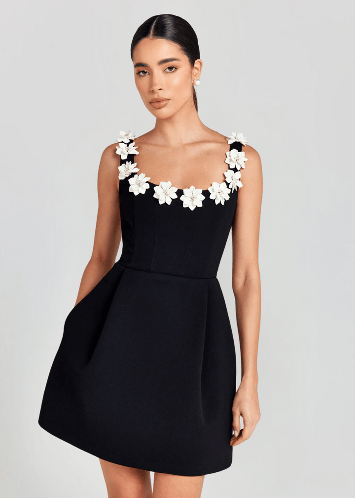 Women’s Floral Appliqué Strap Mini Dress with Flared Skirt