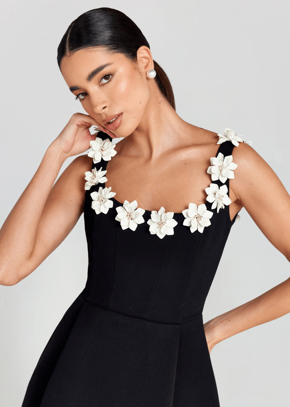 Women’s Floral Appliqué Strap Mini Dress with Flared Skirt