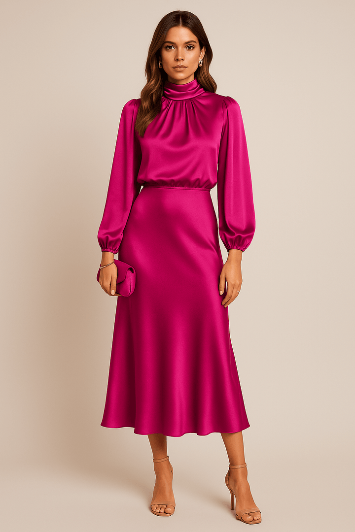 Women's Cocktail Satin High Neck Long Sleeve Midi Dress