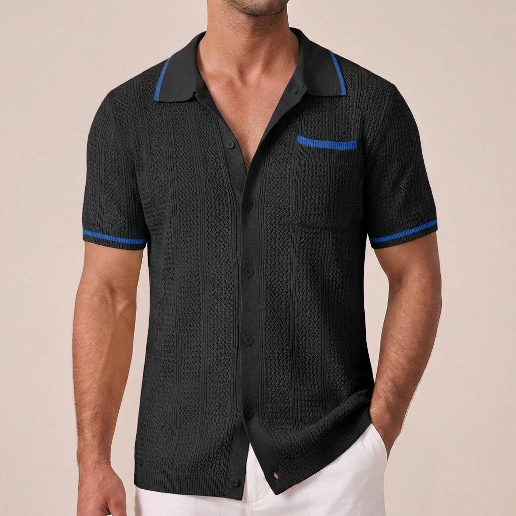 Men's Short-Sleeve Openwork Shirt - Casual Summer Camp Collar Button-Front Shirt with Contrast Tips