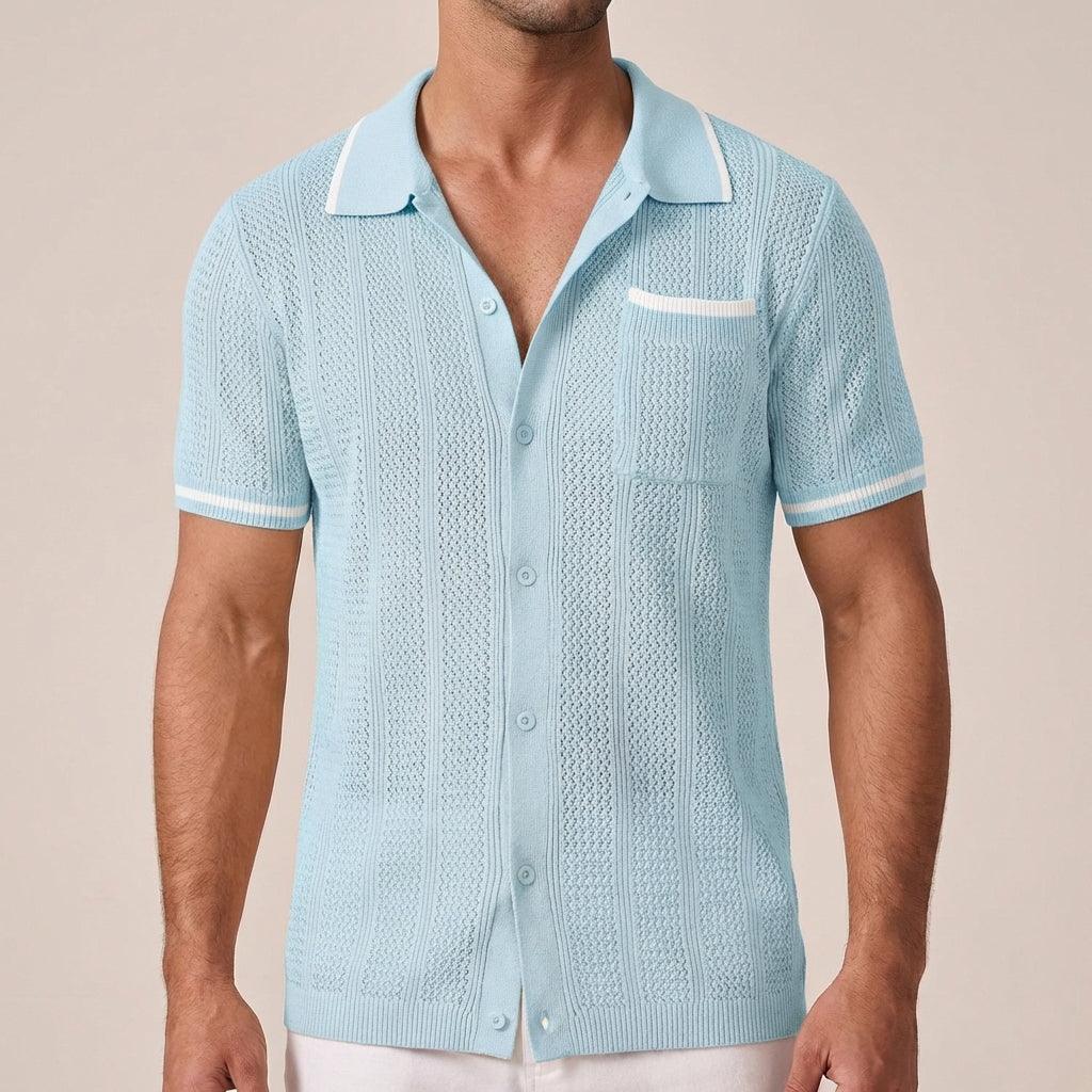 Men's Short-Sleeve Openwork Shirt - Casual Summer Camp Collar Button-Front Shirt with Contrast Tips