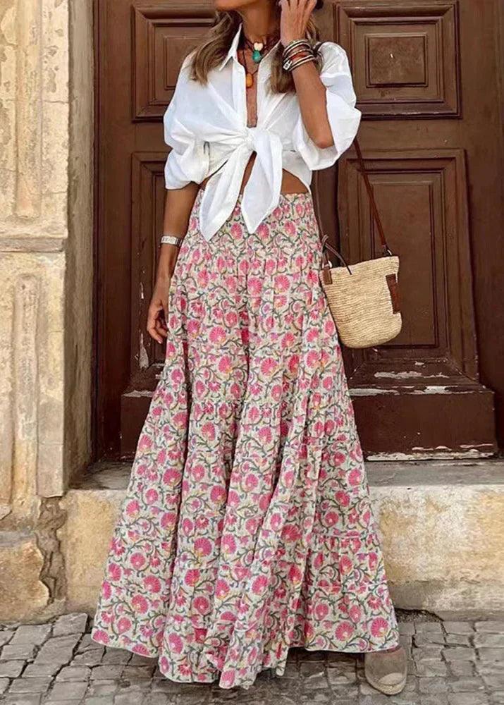 Floral A-Line Boho Chic Maxi Skirt – High Waist