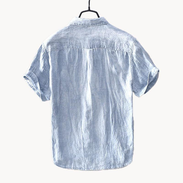Men's Linen Short-Sleeve Shirt - Relaxed Collar and Curved Hem