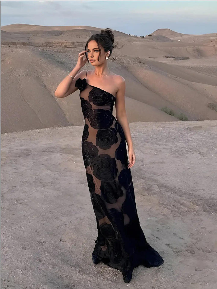 Women's Elegant One-Shoulder Maxi Dress - Floor-Length Fitted Formal Dress with Sheer Rose Detail