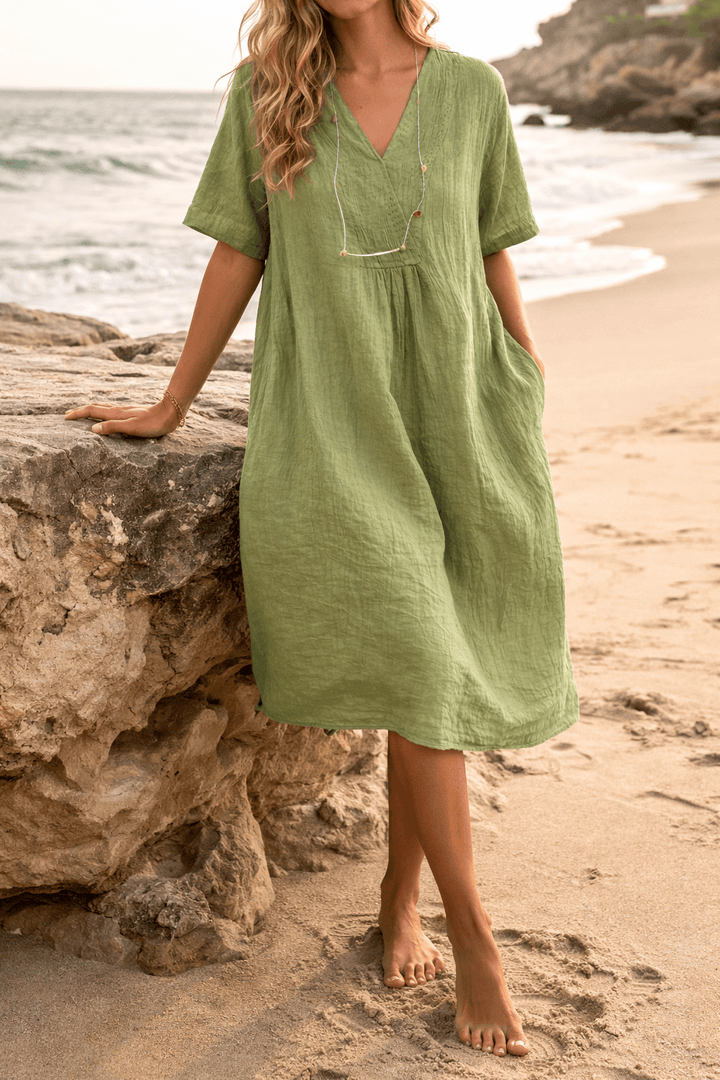 Women's Linen Midi Dress - V Neck - Short Sleeve - Side Pockets